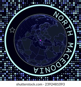 Macedonia on globe vector. Futuristic satelite view of the world centered to Macedonia. Geographical illustration with shape of country and squares background. Bright neon colors on dark background.