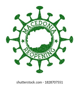 Macedonia Reopening Stamp. Green round badge of country with map of Macedonia. Country opening after lockdown. Vector illustration.