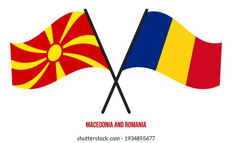 Macedonia and Romania Flags Crossed And Waving Flat Style. Official Proportion. Correct Colors.