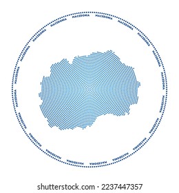Macedonia round logo. Digital style shape of North Macedonia in a dotted circle with the country name. Tech icon of the country with gradient dots. Radiant vector illustration.