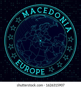 Macedonia round sign. Futuristic satellite view of the world centered on Macedonia. Country badge with map, round text and binary background. Elegant vector illustration.