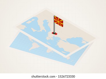 Macedonia selected on map with isometric flag of Macedonia. Vector paper map.