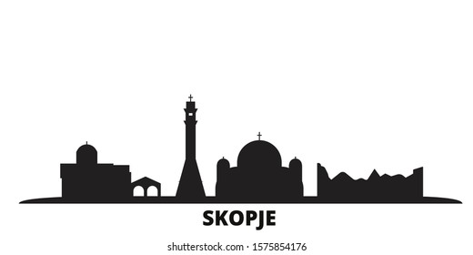 Macedonia, Skopje city skyline isolated vector illustration. Macedonia, Skopje travel black cityscape