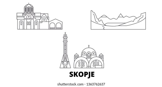 Macedonia, Skopje line travel skyline set. Macedonia, Skopje outline city vector illustration, symbol, travel sights, landmarks.