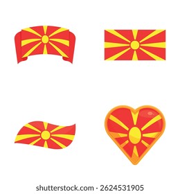 Ícones de símbolo da Macedônia definem vetor de desenhos animados. Bandeira nacional da macedônia do Norte. Conceito de viagem