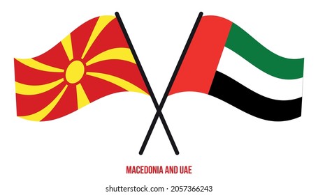Banderas de Macedonia y Emiratos Árabes Unidos cruzan y ondean estilo plano. Proporción oficial. Colores correctos.