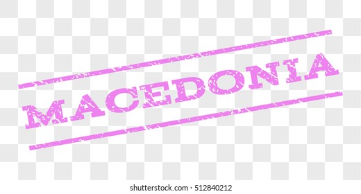 Macedonia watermark stamp. Text caption between parallel lines with grunge design style. Rubber seal stamp with dirty texture. Vector violet color ink imprint on a chess transparent background.