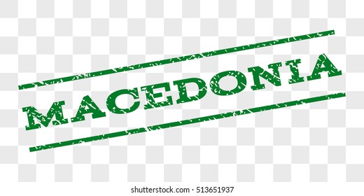 Macedonia watermark stamp. Text caption between parallel lines with grunge design style. Rubber seal stamp with dust texture. Vector green color ink imprint on a chess transparent background.