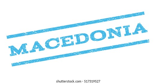 Macedonia watermark stamp. Text caption between parallel lines with grunge design style. Rubber seal stamp with scratched texture. Vector light blue color ink imprint on a white background.