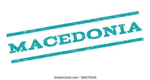 Macedonia watermark stamp. Text caption between parallel lines with grunge design style. Rubber seal stamp with dust texture. Vector cyan color ink imprint on a white background.