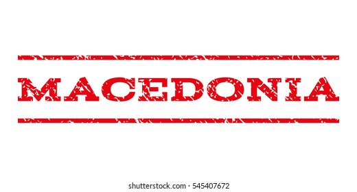 Macedonia watermark stamp. Text caption between horizontal parallel lines with grunge design style. Rubber seal stamp with dust texture. Vector intensive red color ink imprint on a white background.