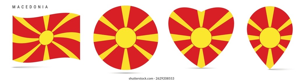 Macedonia waving flag, round circle sticker badge, heart shaped icon, map pin. Macedonian flag buttons of different shapes. Vector illustration isolated on white.