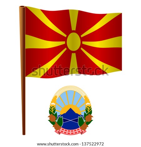 macedonia wavy flag and coat of arm against white background, vector art illustration, image contains transparency