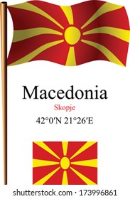 macedonia wavy flag and coordinates against white background, vector art illustration, image contains transparency