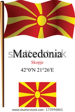 macedonia wavy flag and coordinates against white background, vector art illustration, image contains transparency