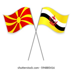 Macedonian and Bruneian crossed flags. Macedonia combined with Brunei isolated on white. Language learning, international business or travel concept.