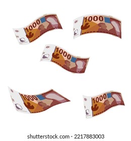 Ilustración del vector denar macedonio. Dinero de Macedonia del Norte para poner billetes falsos. Cayendo, volando 1000 MKD. Estilo plano. Aislado sobre fondo blanco. Diseño sencillo y mínimo.