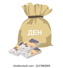 Macedonian Denar Vector Illustration. North Macedonia money set bundle banknotes. Money bag 2000 MKD. Flat style. Isolated on white background. Simple minimal design.