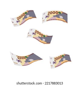 Macedonian Denar Vector Illustration. North Macedonia money set bundle banknotes. Falling, flying money 2000 MKD. Flat style. Isolated on white background. Simple minimal design.