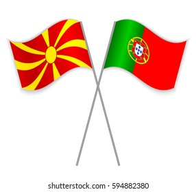 Macedonian and Portuguese crossed flags. Macedonia combined with Portugal isolated on white. Language learning, international business or travel concept.