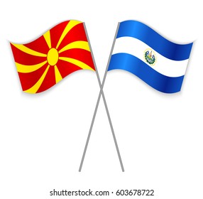Macedonian and Salvadoran crossed flags. Macedonia combined with El Salvador isolated on white. Language learning, international business or travel concept.
