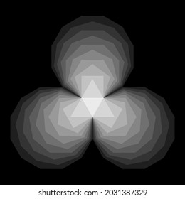 Mach bands, optical illusion, made with convex regular polygons, placed inside each other. Polygons in grayscale, with same line segment length, from triangle to dodecagon shapes. Illustration. Vector
