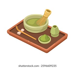 Macha Green Tea Japanese Traditional Drink Tool Set Illustration Vector
