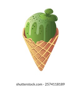 Macha ice cream dessert, pistachio, waffle, cone, glass, sweet, leaves, vector