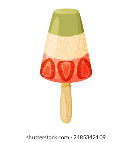 Macha and Strawberry ice cream on wooden stick Colorful cold summer dessert with berry pieces, Macha Strawberry popsicle Hand drawn flat style cheerful and summery appearance Vector illustration