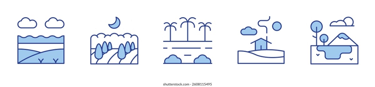 machair, house, field, lake, rainforest. Rural Icon vector illustration. Line Duotone style. Editable stroke.