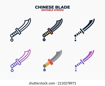Machete chinesische Ikone mit verschiedenen Stilen. Symbole, die in den Farben Füllung, Umriss, flach, Glyphe und Linie entworfen wurden. Bearbeitbarer Strich und Pixel perfekt. Kann für Web, Mobile, ui und mehr verwendet werden.