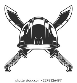Machete con casco de casco duro de construcción, arma de caza con cuchillo afilada en la jungla. Vector negro y blanco aislado en fondo blanco