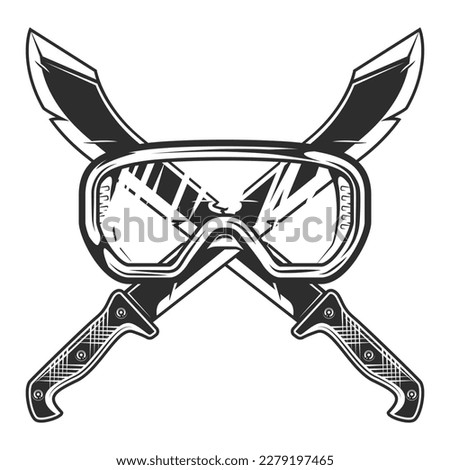 Machete with construction safety glasses icon, sharp knife melee weapon of hunter in jungle. Black and white vector isolated on white background