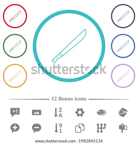 Machete flat color icons in circle shape outlines. 12 bonus icons included.