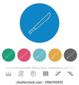 Machete flat white icons on round color backgrounds. 6 bonus icons included.