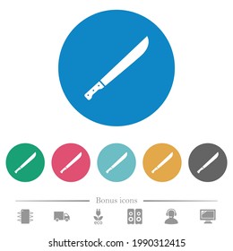 Machete flat white icons on round color backgrounds. 6 bonus icons included.