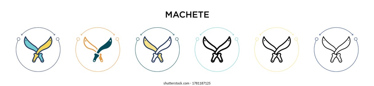 Machete Symbol in vollem, dünnen Linie, Umriss und Strich Stil. Vektorgrafik von zwei farbigen und schwarzen maschineten Vektorgrafiken-Designs kann für mobile, i, web-gestützte