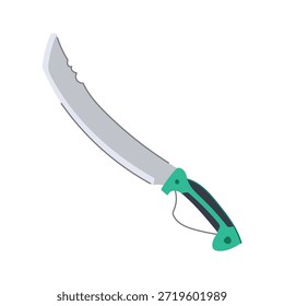 Cuchillo de machete con una hoja larga y curvada de plata con un borde dentado y un robusto mango verde y negro, que significa aventura, supervivencia al aire libre y una poderosa herramienta de corte