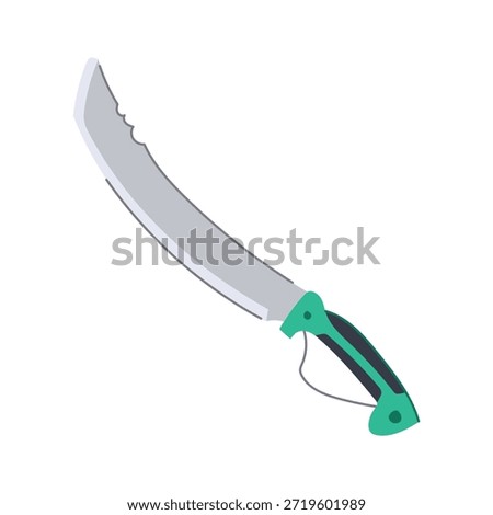 Machete knife featuring a long, curved silver blade with a serrated edge and a sturdy green and black handle, signifying adventure, outdoor survival, and a powerful cutting tool