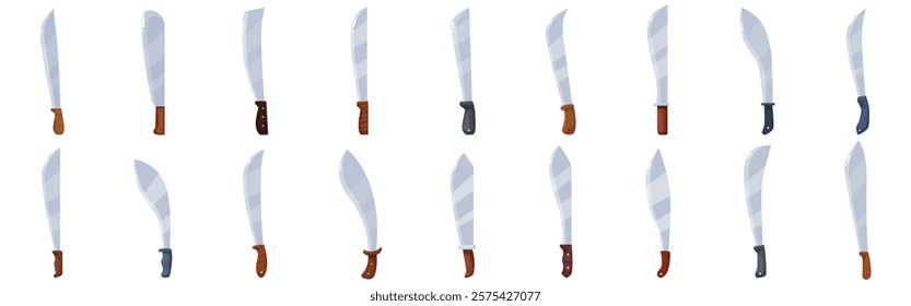 Machete knife icons set. Collection of machete knives showcasing diverse blade designs and handle materials, ideal for illustrating survival, adventure, or outdoor themes