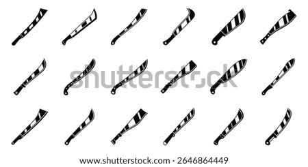  Machete knife icons set. Set of machete icons showing different types of machetes for cutting