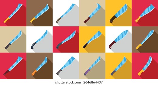  Icons für Machete-Messer. Verschiedene Macheten-Symbole stellen Schneidwerkzeuge dar, ideal für Landwirtschaft, Gartenarbeit oder Outdoor-Aktivitäten