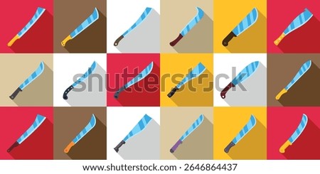  Machete knife icons set. Various machete icons represent cutting tools, ideal for agriculture, gardening, or outdoor activities