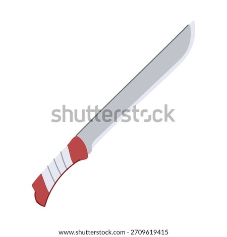 Machete knife presenting a long, sharp metal blade with a prominent red and white striped handle, illustrating concepts of cutting, danger, survival, and outdoor work