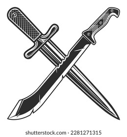 Machete knife with sharp dagger icon, melee weapon of hunter in jungle. Black and white vector isolated on white background