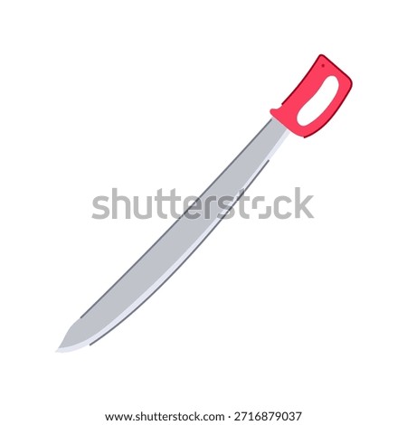 Machete with a long grey metal blade and contrasting red handle, often representing a tool used for cutting vegetation or outdoor work, isolated on white background