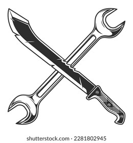 Machete with mechanic spanner wrench icon. Sharp knife melee weapon of hunter in jungle. Black and white vector isolated on white background