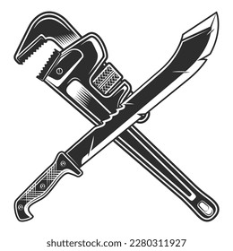 Machete with plumbing wrench construction spanner icon. Sharp knife melee weapon of hunter in jungle. Black and white vector isolated on white background