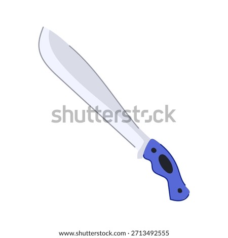 Machete with sharp silver blade and blue handle on white background, symbolizing survival, jungle exploration, outdoor adventure, heavy duty cutting and bushcraft tools