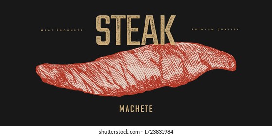 Machete steak vector illustration. Hand-drawn slice of meat tenderloin on black background. Concept of fresh farm products. Design element for menu, flyer, poster of butcher shop, market, restaurant.